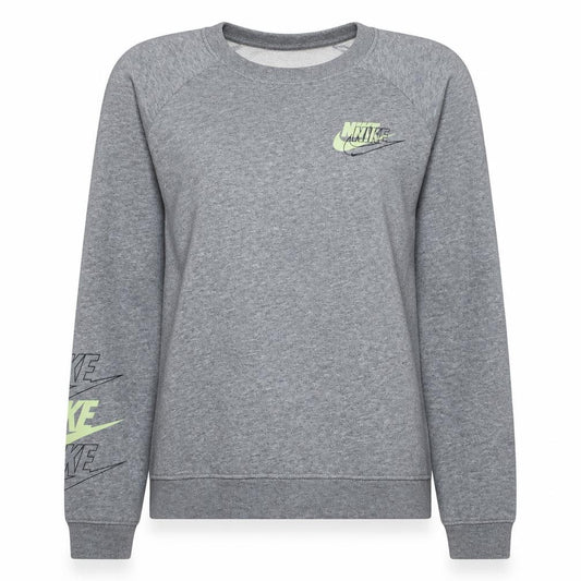 Front view of Nike women’s grey small crew neck logo pullover sweatshirt