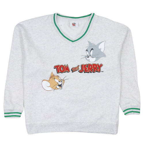 Tom and Jerry Women Grey Cartoon Sweatshirt Size S V-Neck Pullover