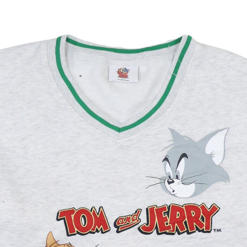 Tom and Jerry Women Grey Cartoon Sweatshirt Size S V-Neck Pullover