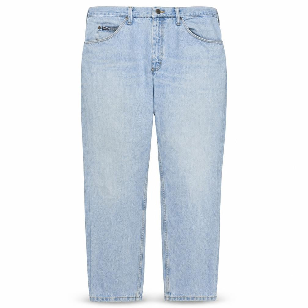 Front view of Lee men’s blue regular fit light wash straight jeans 36w 29l