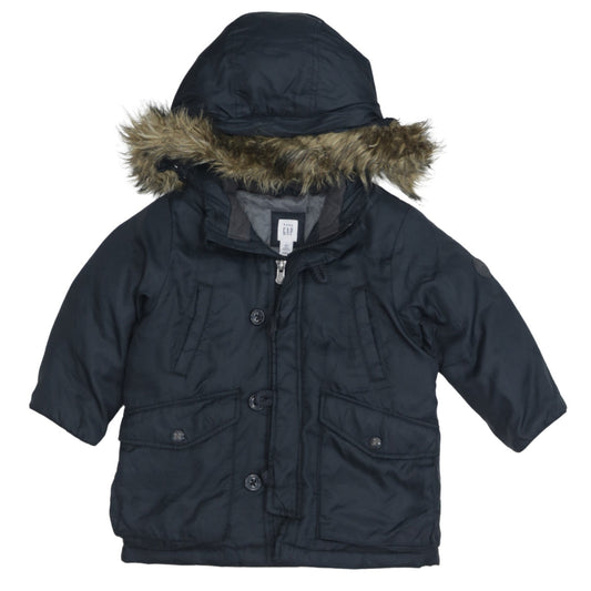 GAP Boys Black 2 Years Hooded Down Winter Parka Coat with Faux Fur Trim