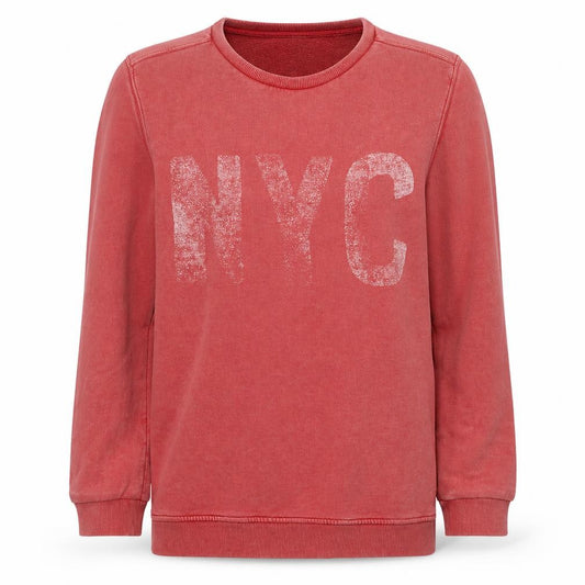 Front view of Hilfiger Denim women’s coral pink nyc pullover sweatshirt m
