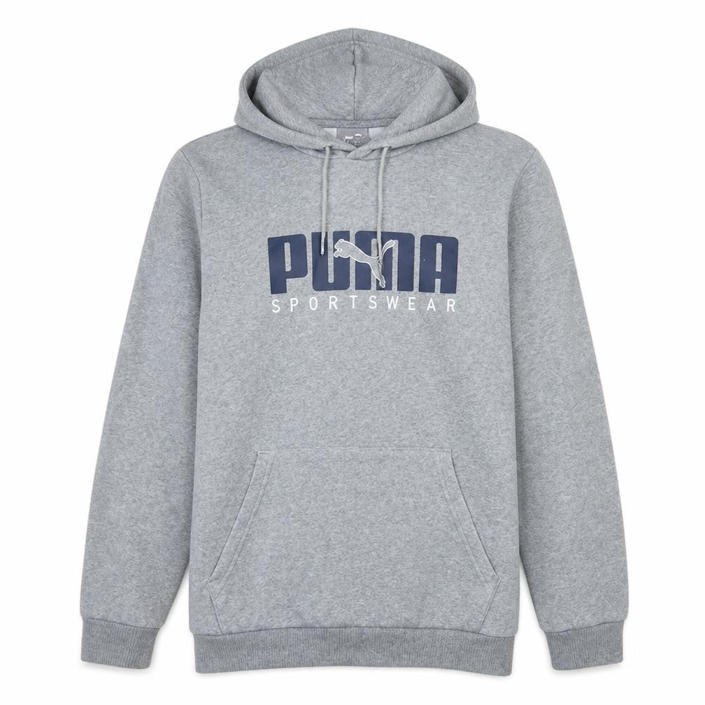 Front view of Puma men’s grey pullover hoodie small regular fit graphic sportswear