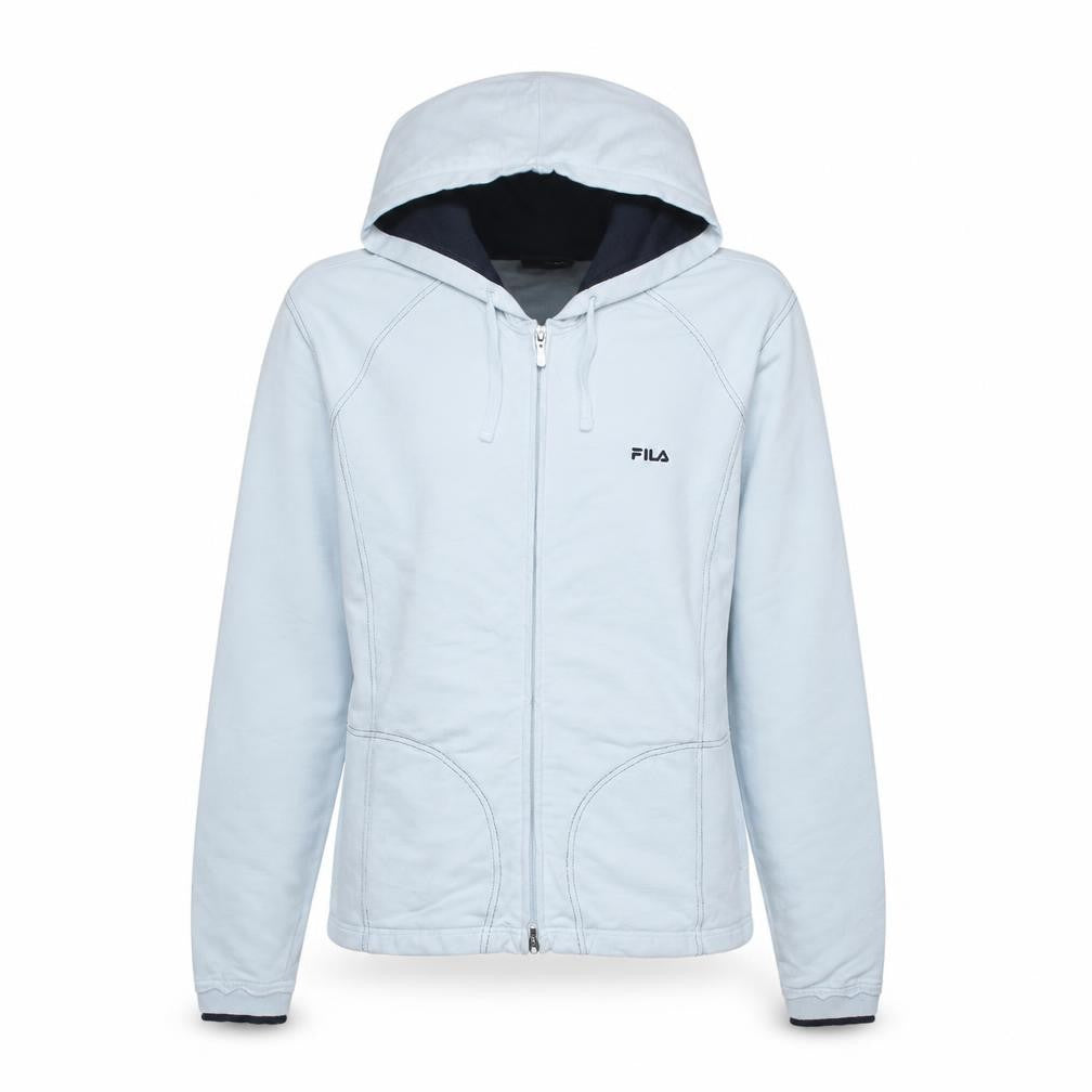 Front view of Fila Women's Light Blue Full Zip Hoodie, size L, Cotton Blend