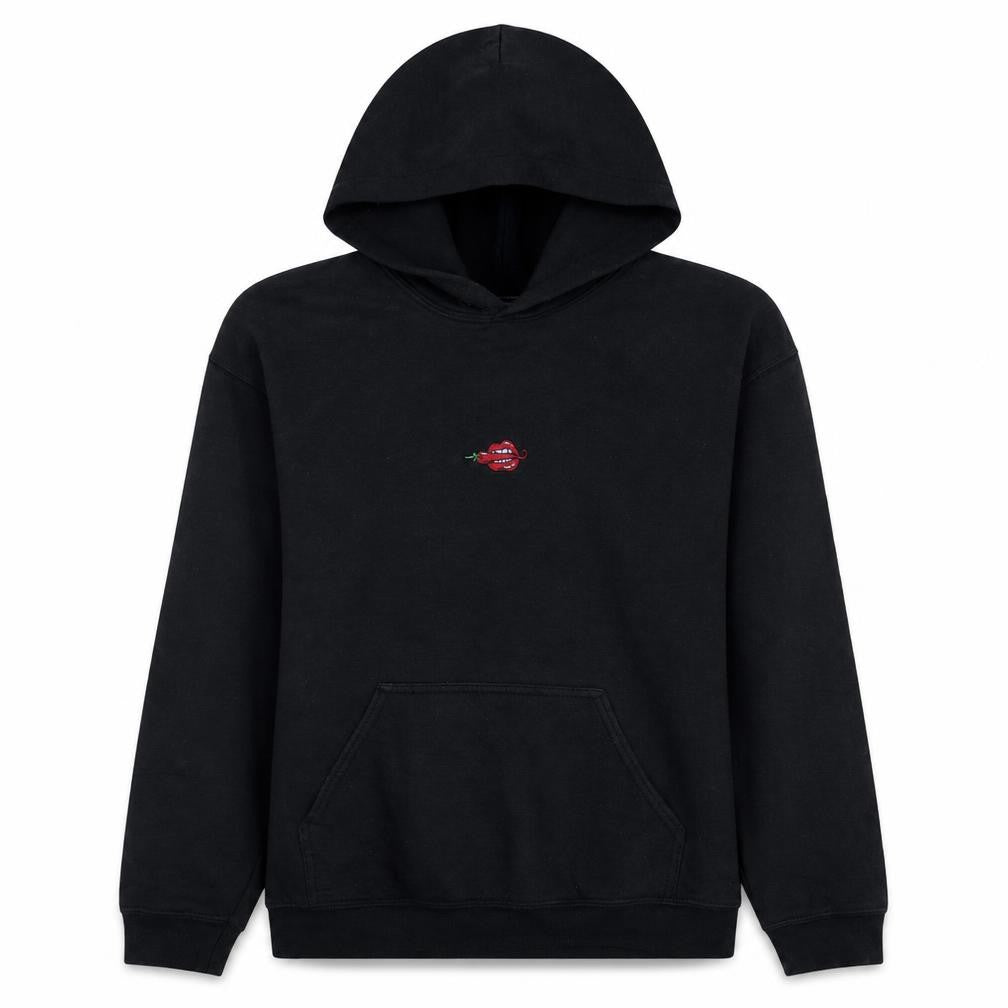 Front view of Late Club Black Pullover Hoodie Women S Embroidered Lips Design