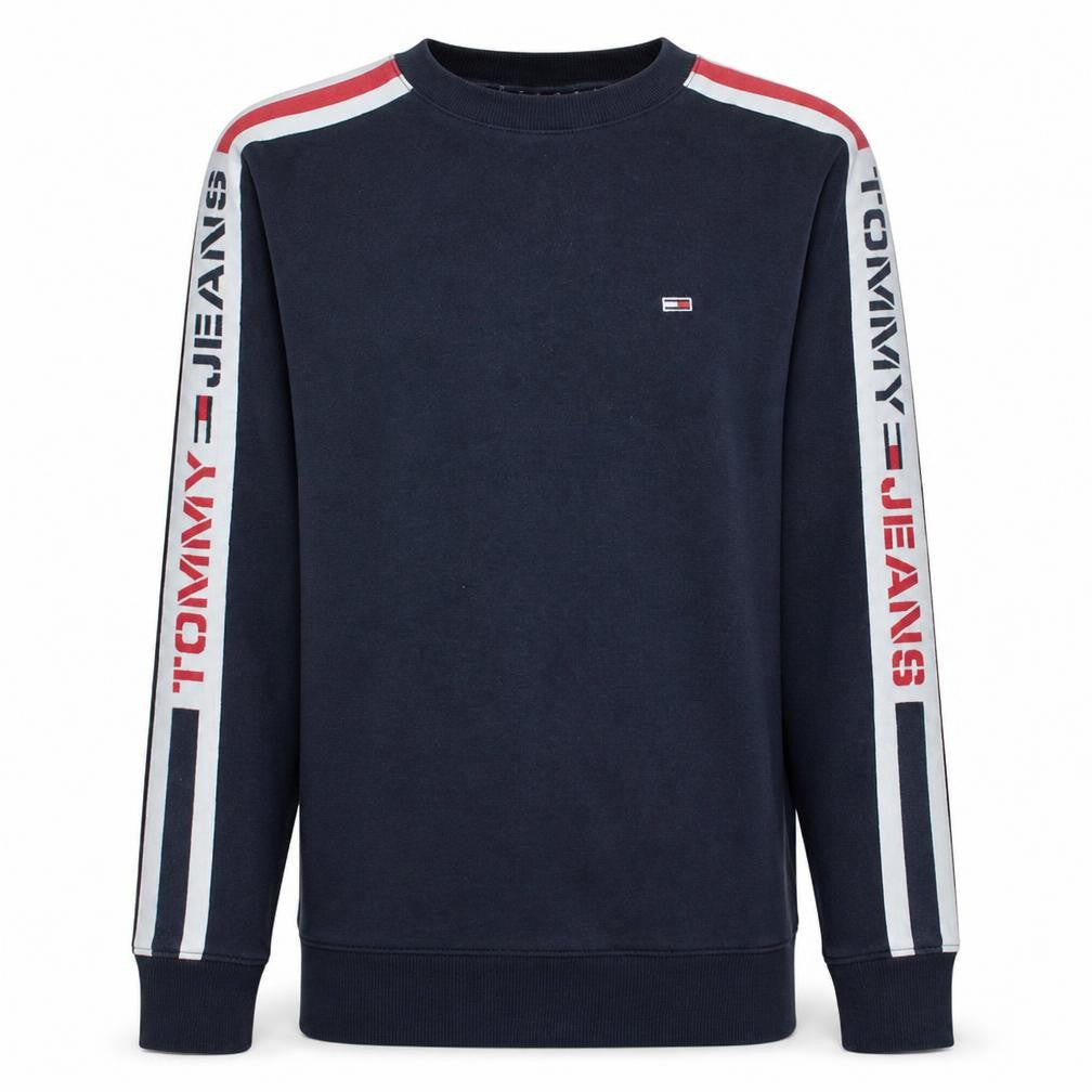 Front view of Tommy Jeans Men's Blue Logo Crew Neck Sweatshirt, size M