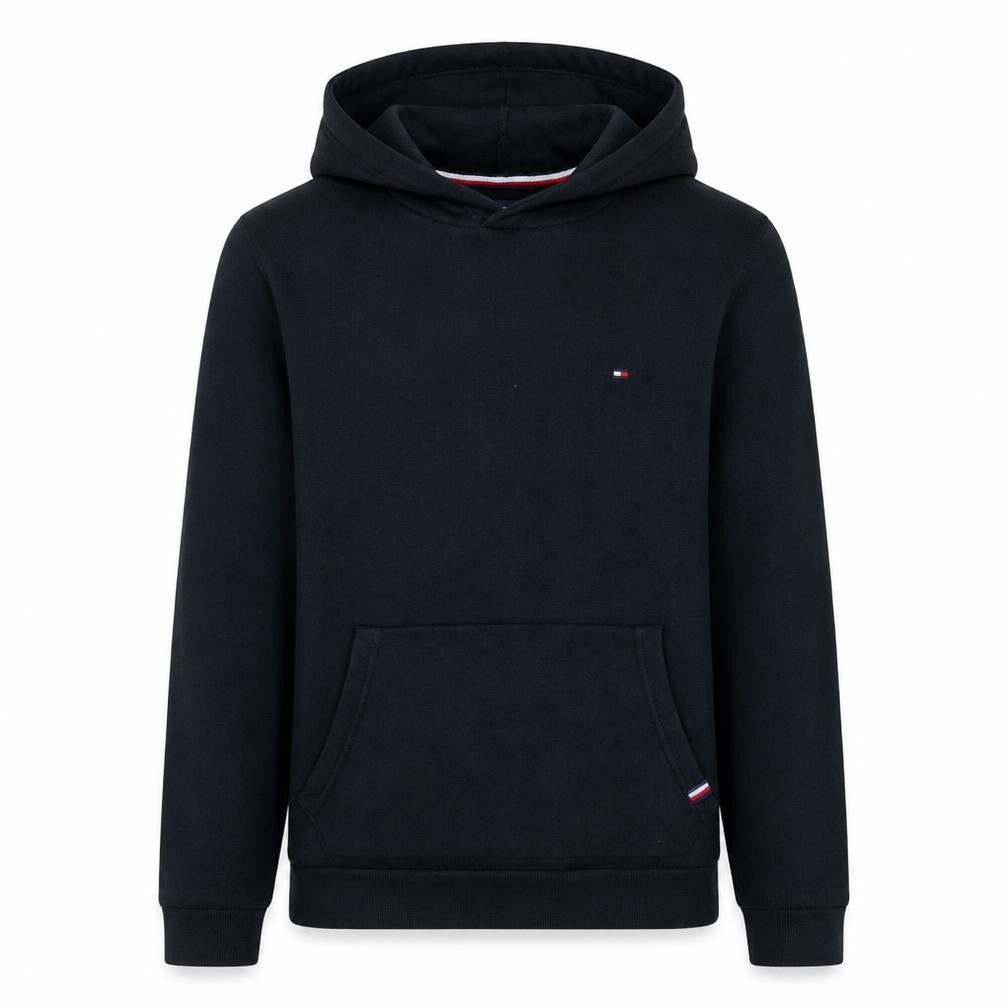 Front view of Tommy Hilfiger Men’s Black Pullover Fleece Hoodie, size S