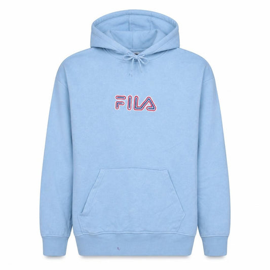 Front view of Fila Men's Blue Pullover Hoodie L Embroidered Logo Fleece Sweatshirt
