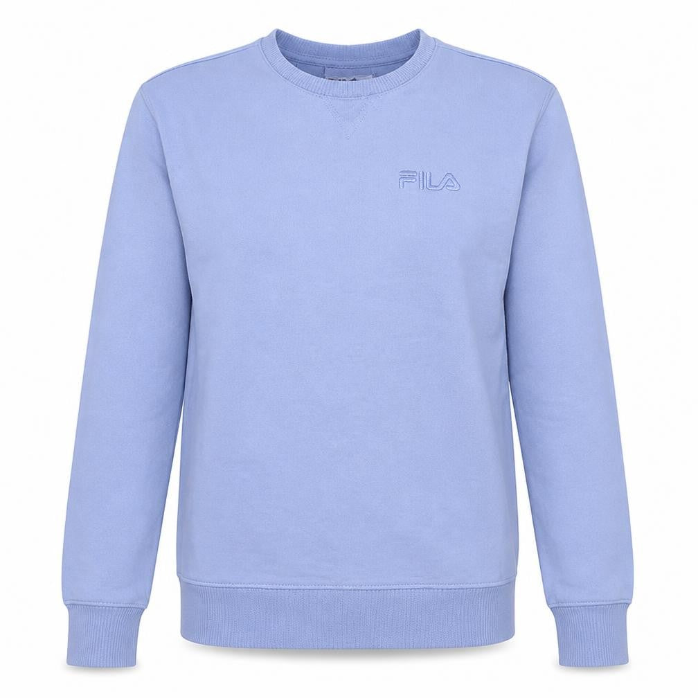 Front view of Fila women’s blue crew neck pullover sweatshirt, size S