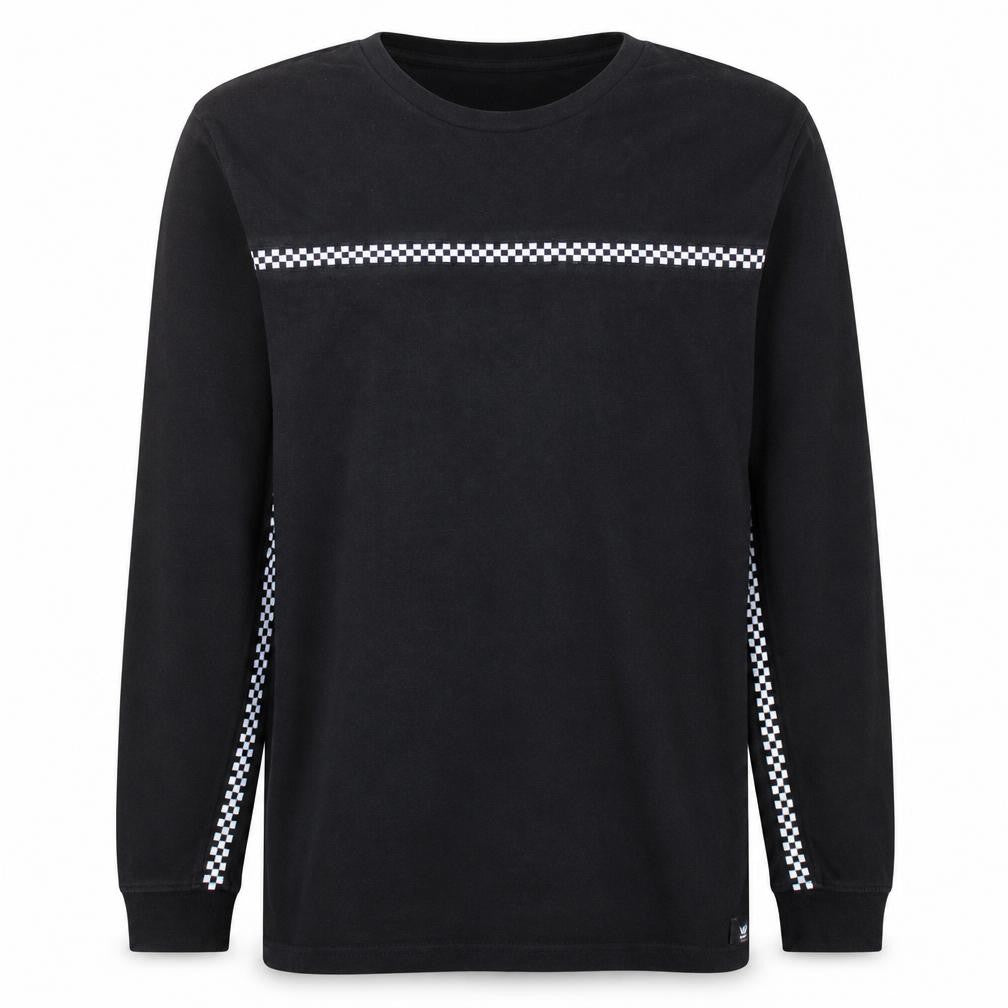 Front view of Vans men’s black xl long sleeve crew neck sweatshirt checker print