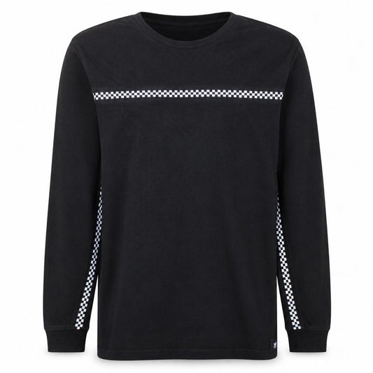 Front view of Vans men’s black xl long sleeve crew neck sweatshirt checker print