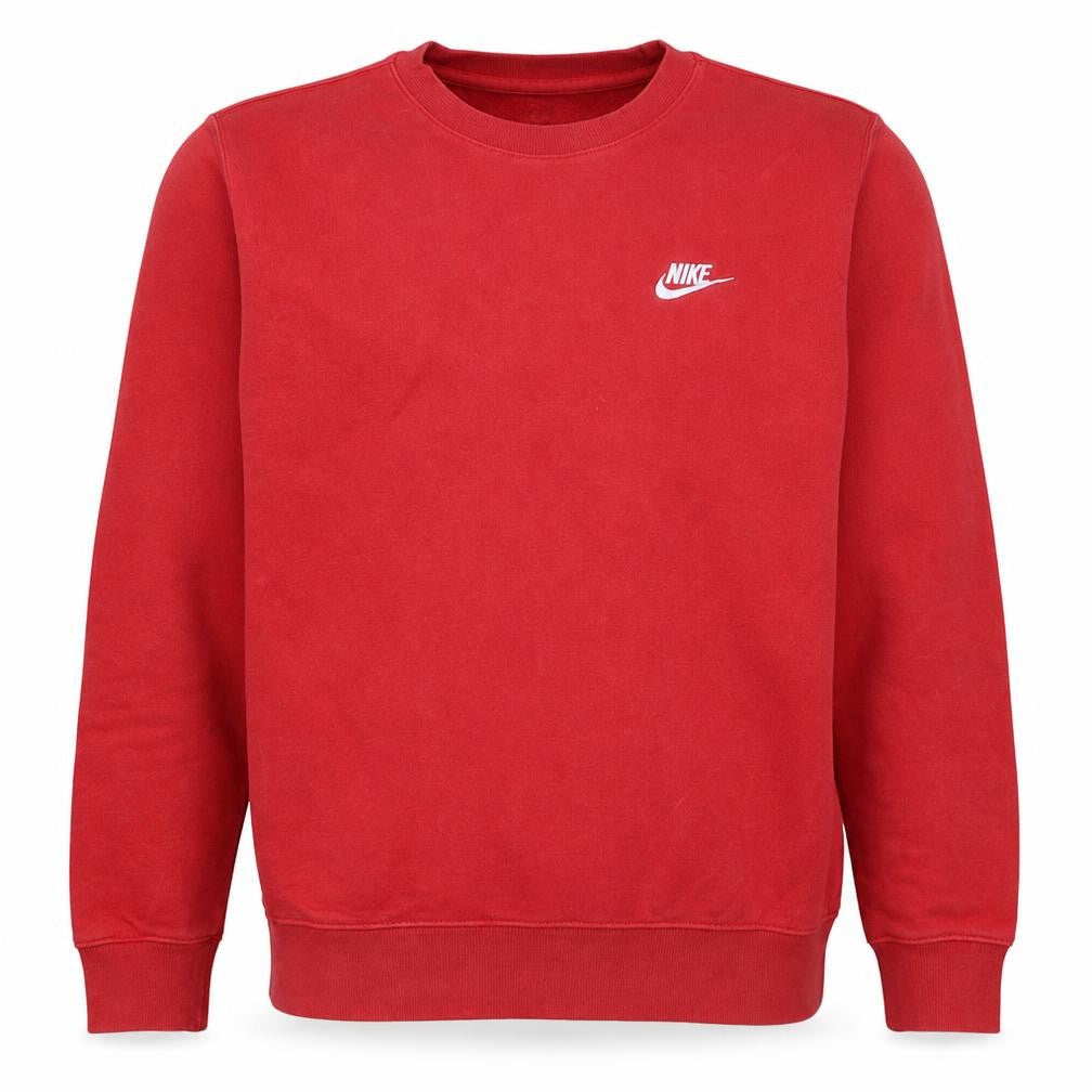 Front view of Nike men’s red crew neck pullover sweatshirt, size S