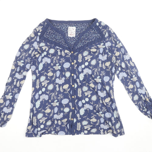 Mantaray Women Blue Floral Cotton Long Sleeve Tunic Blouse Size 12