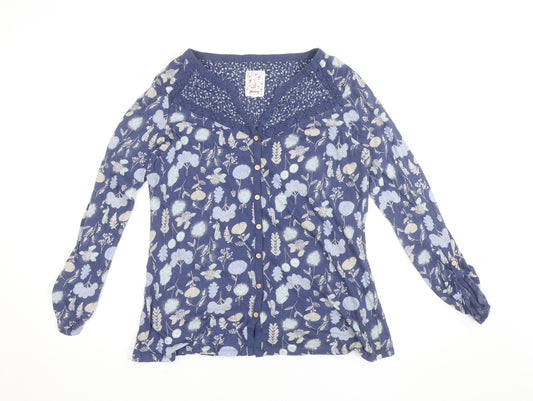 Mantaray Women Blue Floral Cotton Long Sleeve Tunic Blouse Size 12