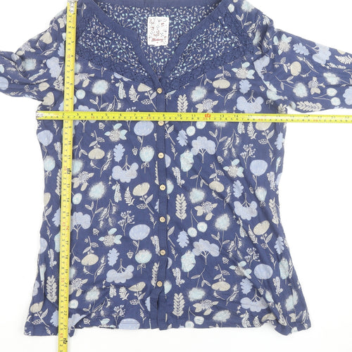 Mantaray Women Blue Floral Cotton Long Sleeve Tunic Blouse Size 12
