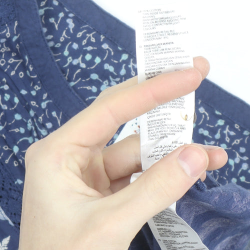 Mantaray Women Blue Floral Cotton Long Sleeve Tunic Blouse Size 12