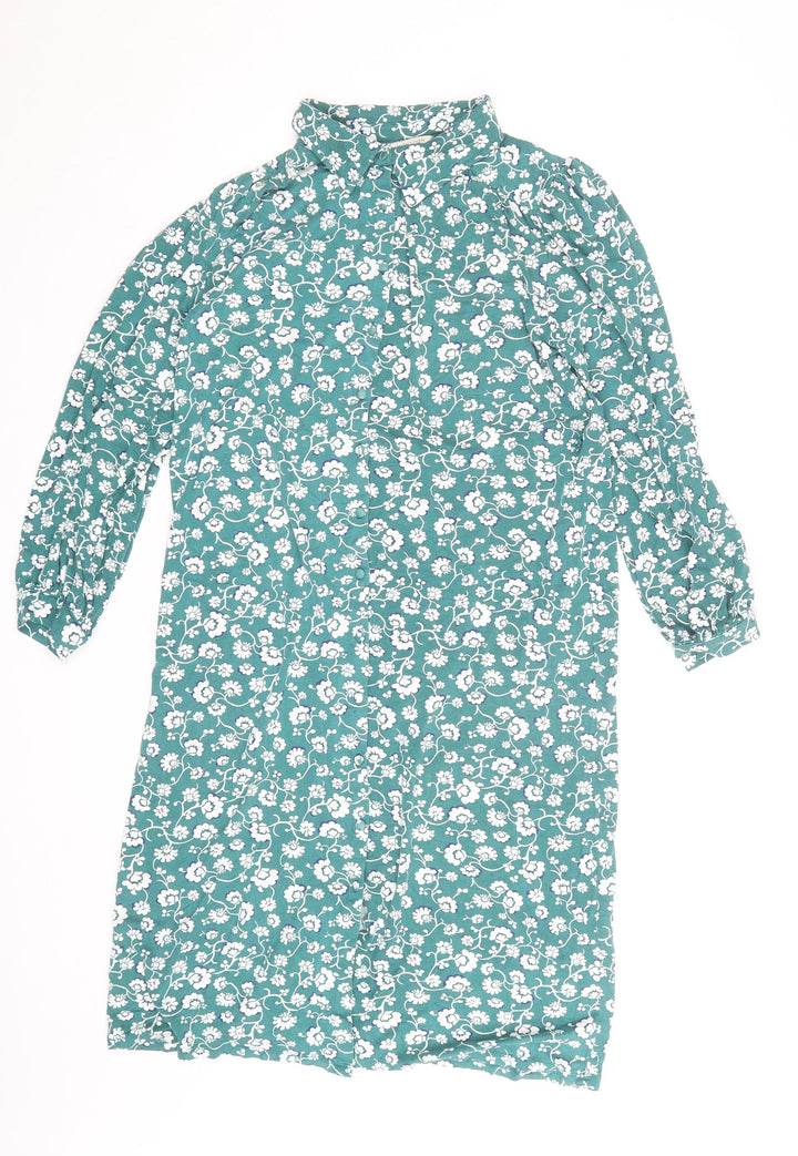 Monsoon Women Green Floral Shift Dress Size S Viscose Jersey Long Sleeve
