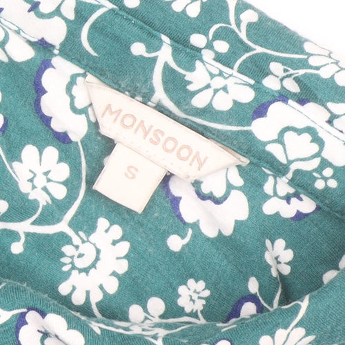 Monsoon Women Green Floral Shift Dress Size S Viscose Jersey Long Sleeve