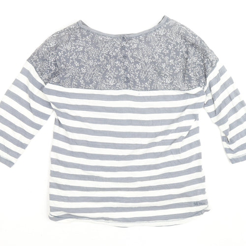 Fat Face Women's Grey White Striped Floral 3/4 Sleeve Cotton Top Size 12