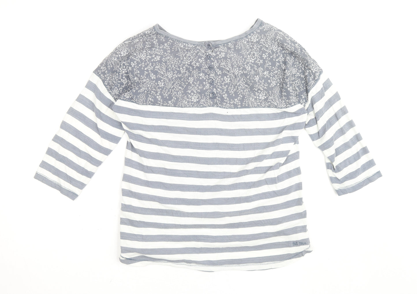 Fat Face Women's Grey White Striped Floral 3/4 Sleeve Cotton Top Size 12