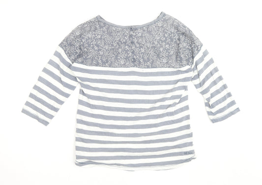Fat Face Women's Grey White Striped Floral 3/4 Sleeve Cotton Top Size 12