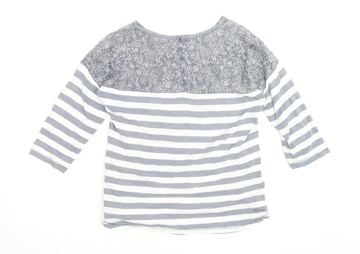 Fat Face Women's Grey White Striped Floral 3/4 Sleeve Cotton Top Size 12