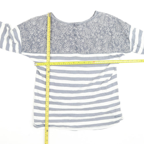 Fat Face Women's Grey White Striped Floral 3/4 Sleeve Cotton Top Size 12