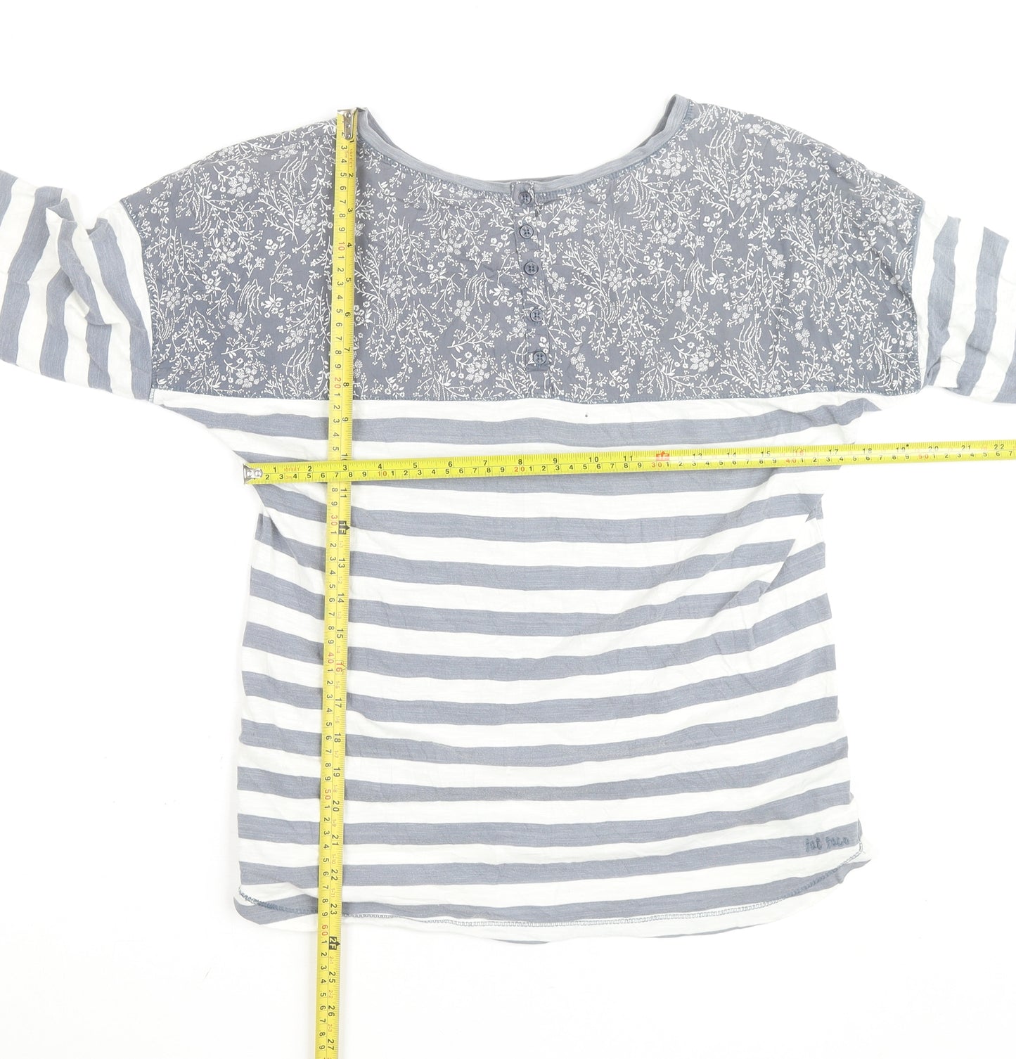 Fat Face Women's Grey White Striped Floral 3/4 Sleeve Cotton Top Size 12