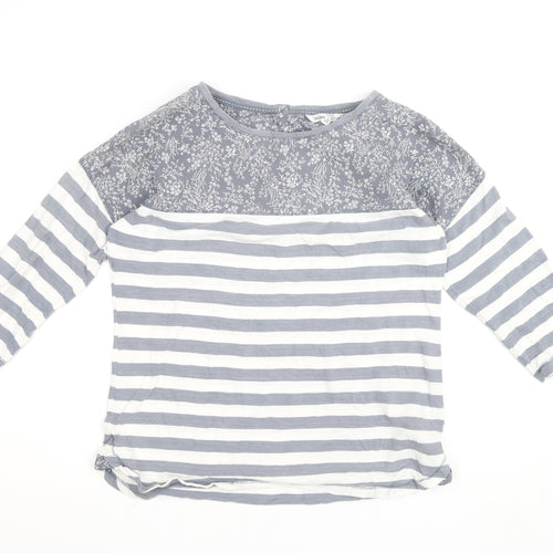 Fat Face Women's Grey White Striped Floral 3/4 Sleeve Cotton Top Size 12