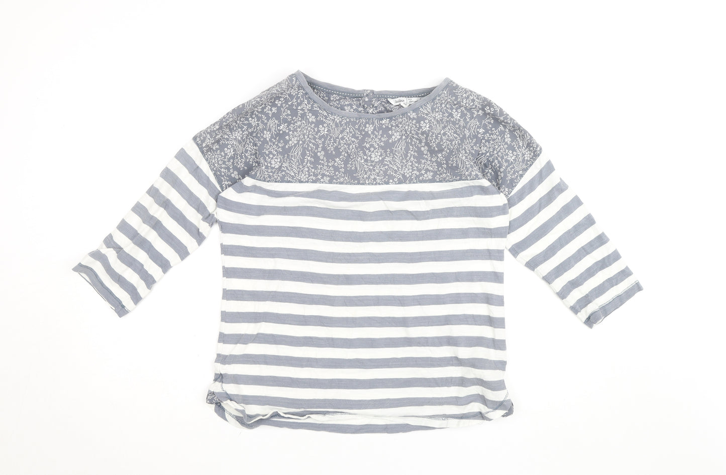 Fat Face Women's Grey White Striped Floral 3/4 Sleeve Cotton Top Size 12