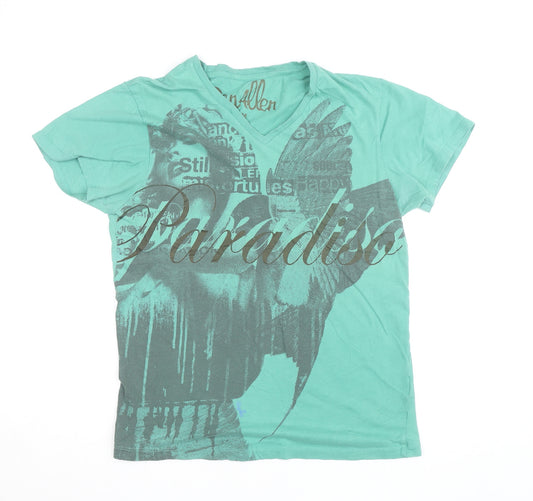 Primark Ben Allen Men's Green V-Neck Graphic T-Shirt Medium