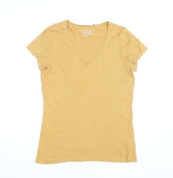 FatFace Womens Yellow Striped V-Neck Cotton Modal T-Shirt Size 12