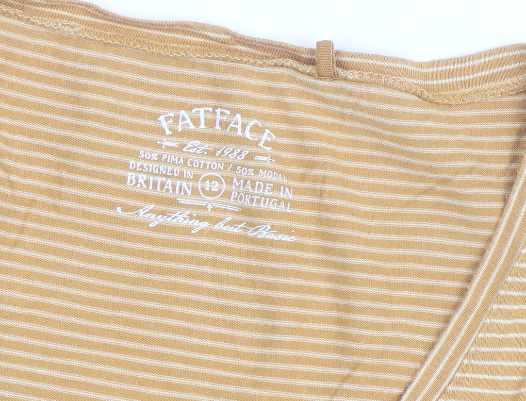FatFace Womens Yellow Striped V-Neck Cotton Modal T-Shirt Size 12