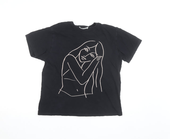 Pull & Bear Womens Black XS Graphic Crew Neck Short Sleeve T-Shirt