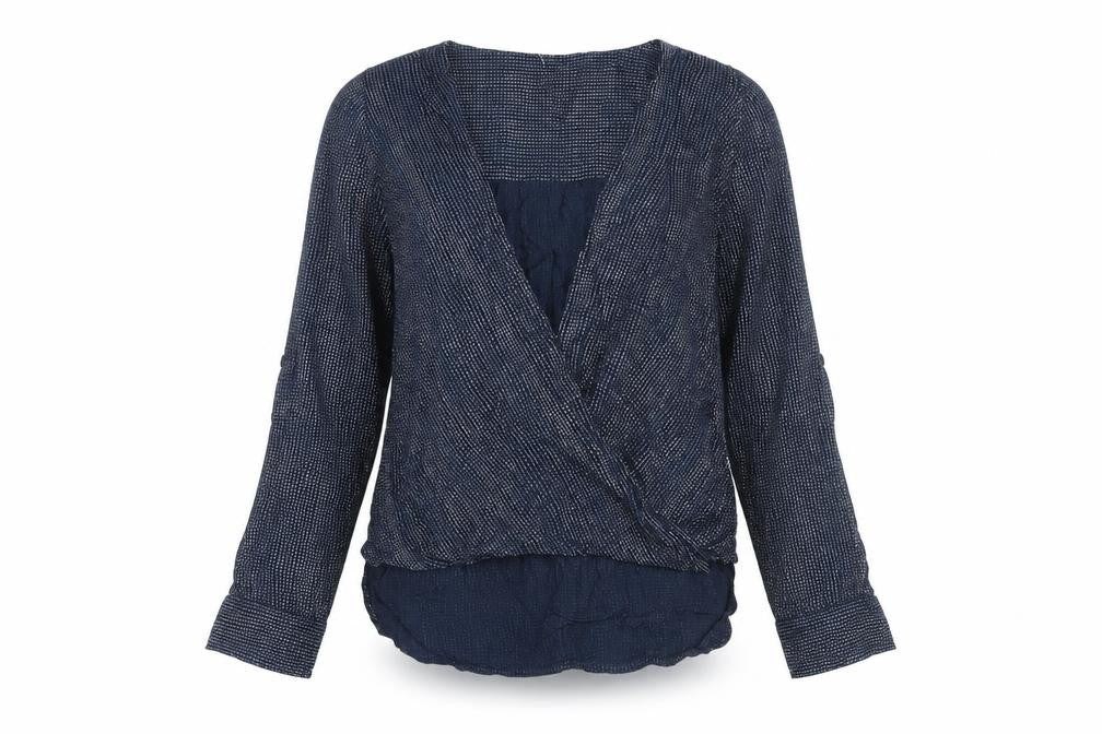 Front view of Maison de Nimes Women's Blue Wrap Blouse, size 8, Viscose Long Sleeve