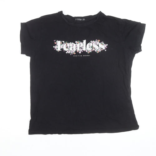 Stradivarius Women Black XL Fearless Floral Graphic T-Shirt