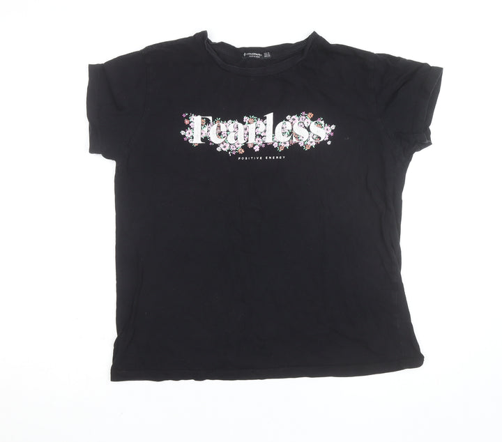 Stradivarius Women Black XL Fearless Floral Graphic T-Shirt