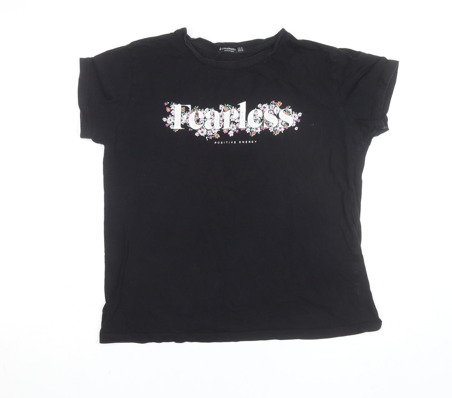 Stradivarius Women Black XL Fearless Floral Graphic T-Shirt
