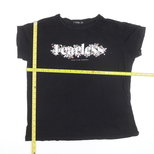 Stradivarius Women Black XL Fearless Floral Graphic T-Shirt