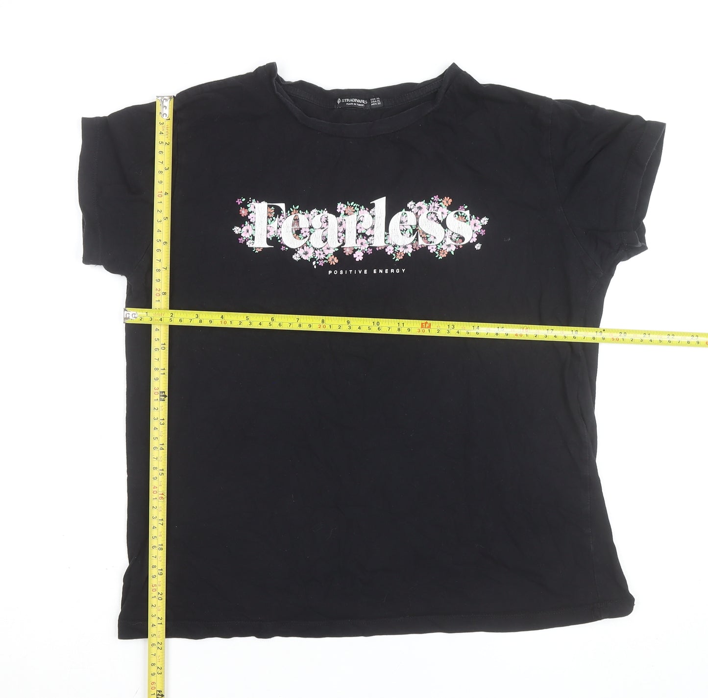 Stradivarius Women Black XL Fearless Floral Graphic T-Shirt