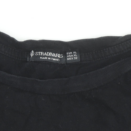 Stradivarius Women Black XL Fearless Floral Graphic T-Shirt