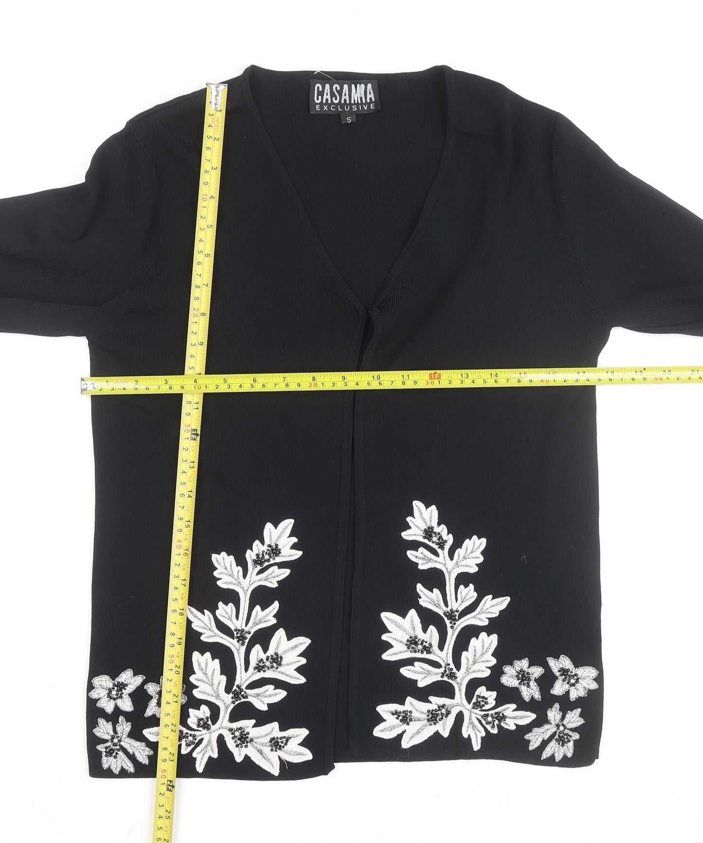 Casamia Exclusive Women's Black Floral Embroidered V-Neck Cardigan Size S