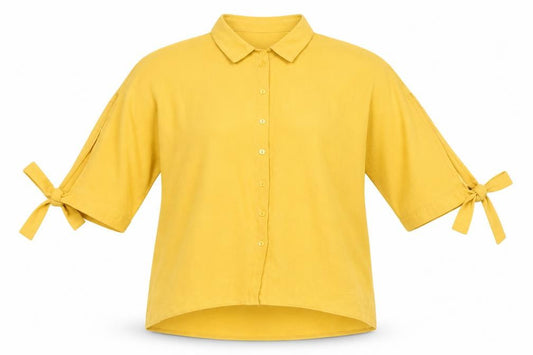 Front view of New Look women’s yellow collared button-up shirt, size UK 10, relaxed fit