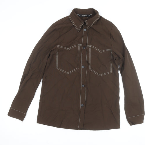 Zara Women Brown Long Sleeve Button-Up Shirt XS Basic Style