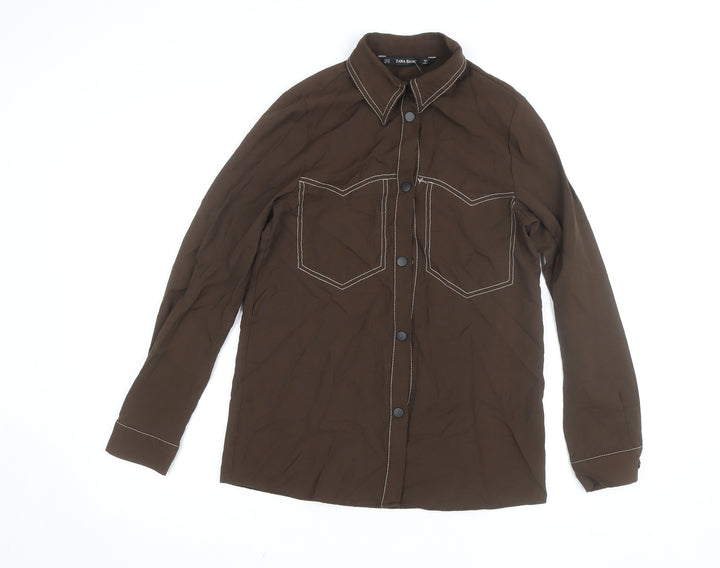 Zara Women Brown Long Sleeve Button-Up Shirt XS Basic Style