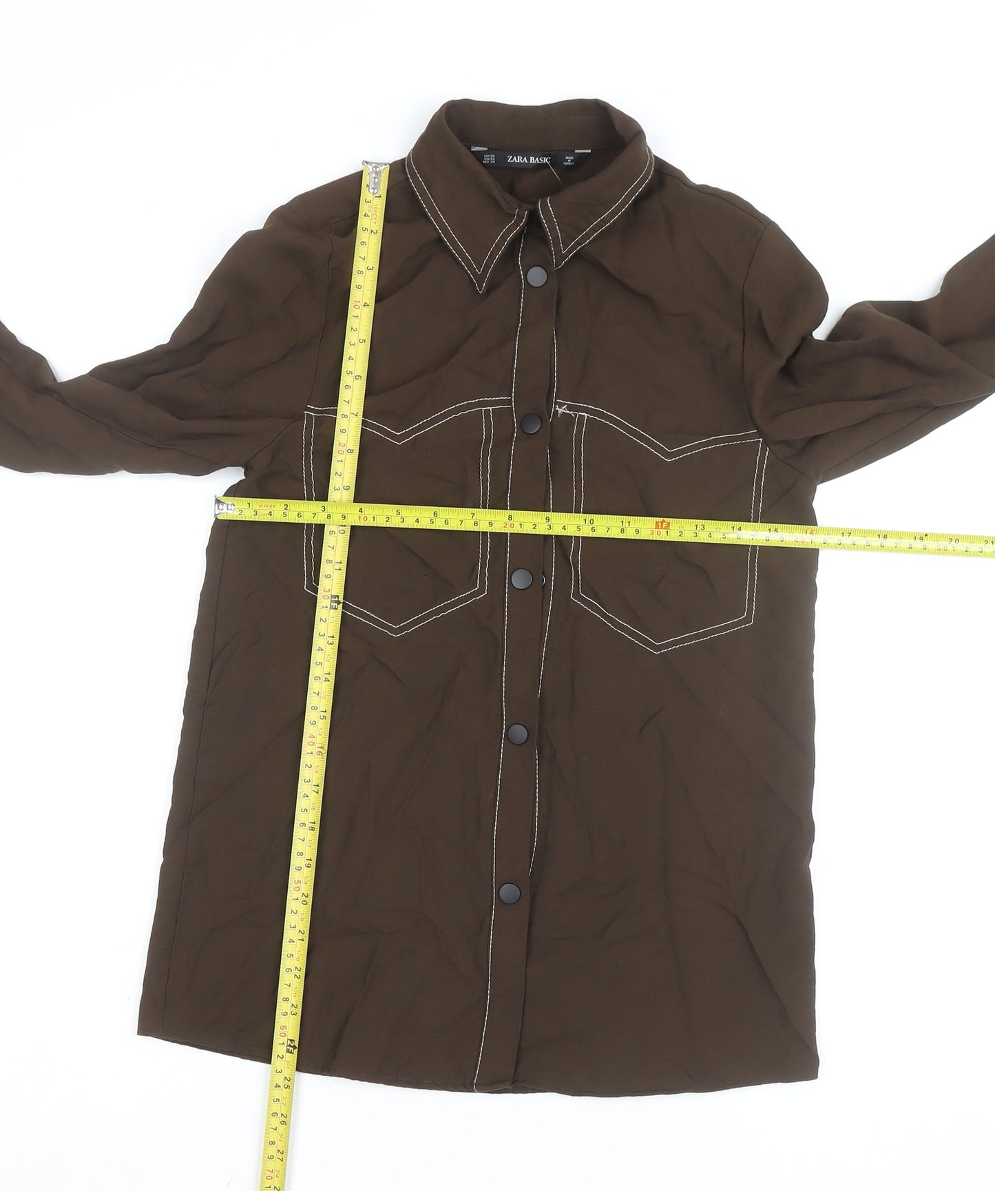 Zara Women Brown Long Sleeve Button-Up Shirt XS Basic Style