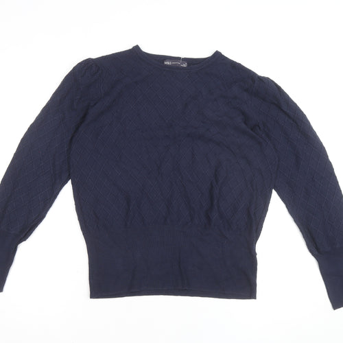 Marks and Spencer Women's Blue Size 12 Diamond Knit Crew Neck Jumper