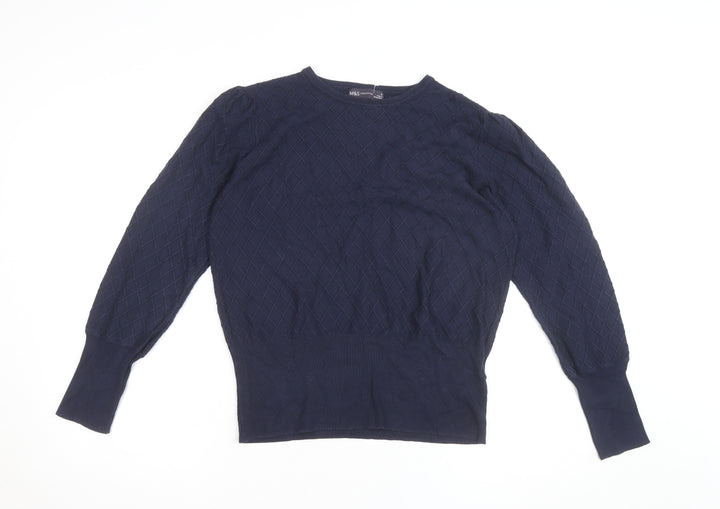 Marks and Spencer Women's Blue Size 12 Diamond Knit Crew Neck Jumper