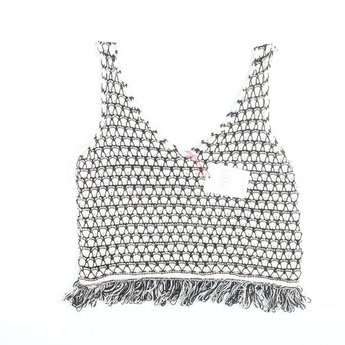 Savida Women Black Crochet Knit Fringe Cropped Tank Top Size 12