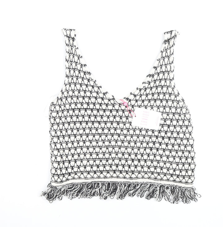 Savida Women Black Crochet Knit Fringe Cropped Tank Top Size 12